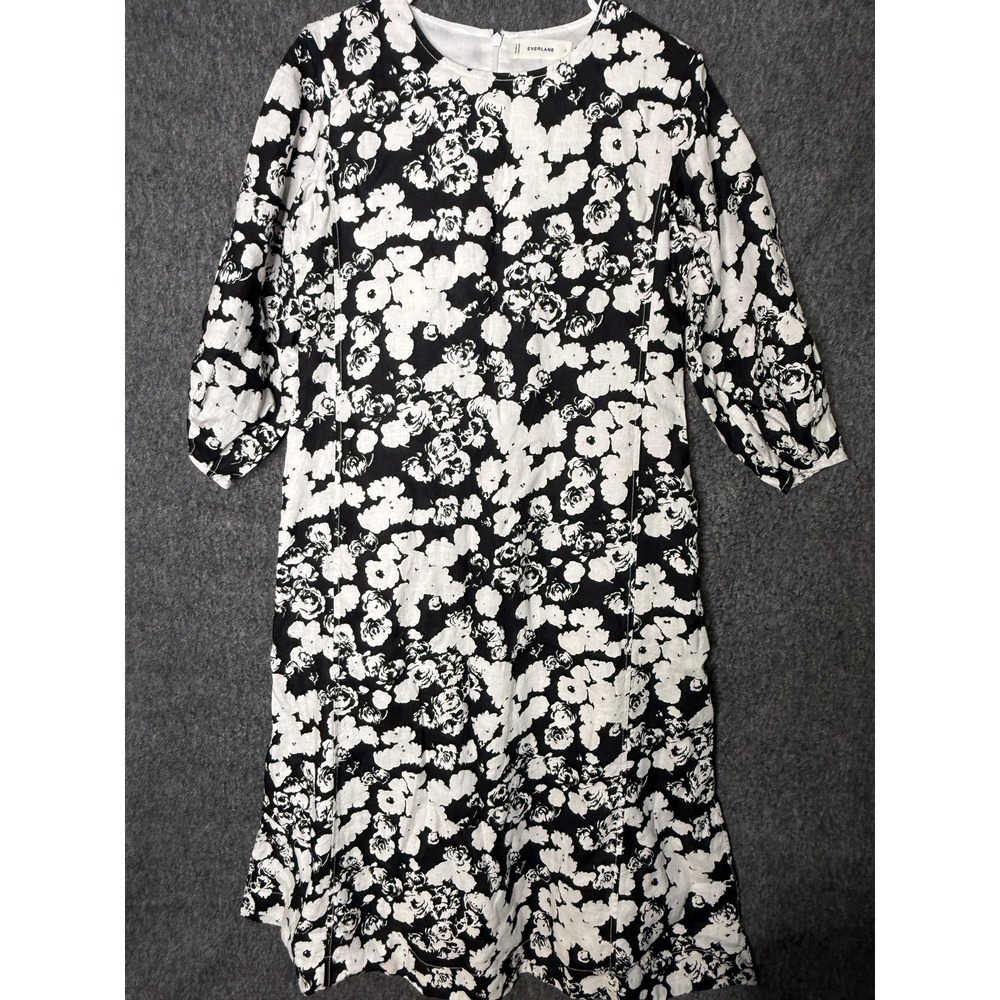 Everlane Dress Womens 0 Black White Floral Linen Midi Puff Sleeve A-Line Casual